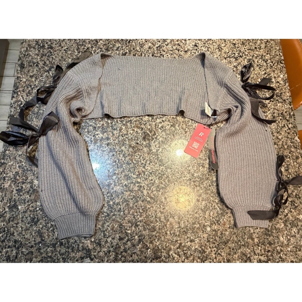 Romwe Gray Ribbed Knit Bolero Shrug Ultra Crop Sweater Black Ribbon‎ Bows Small